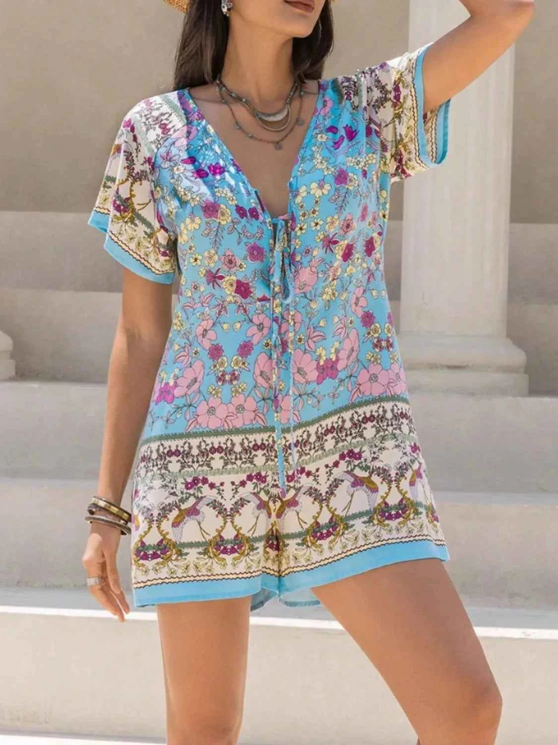 Tied Front Printed Short Sleeve Romper Trendsi