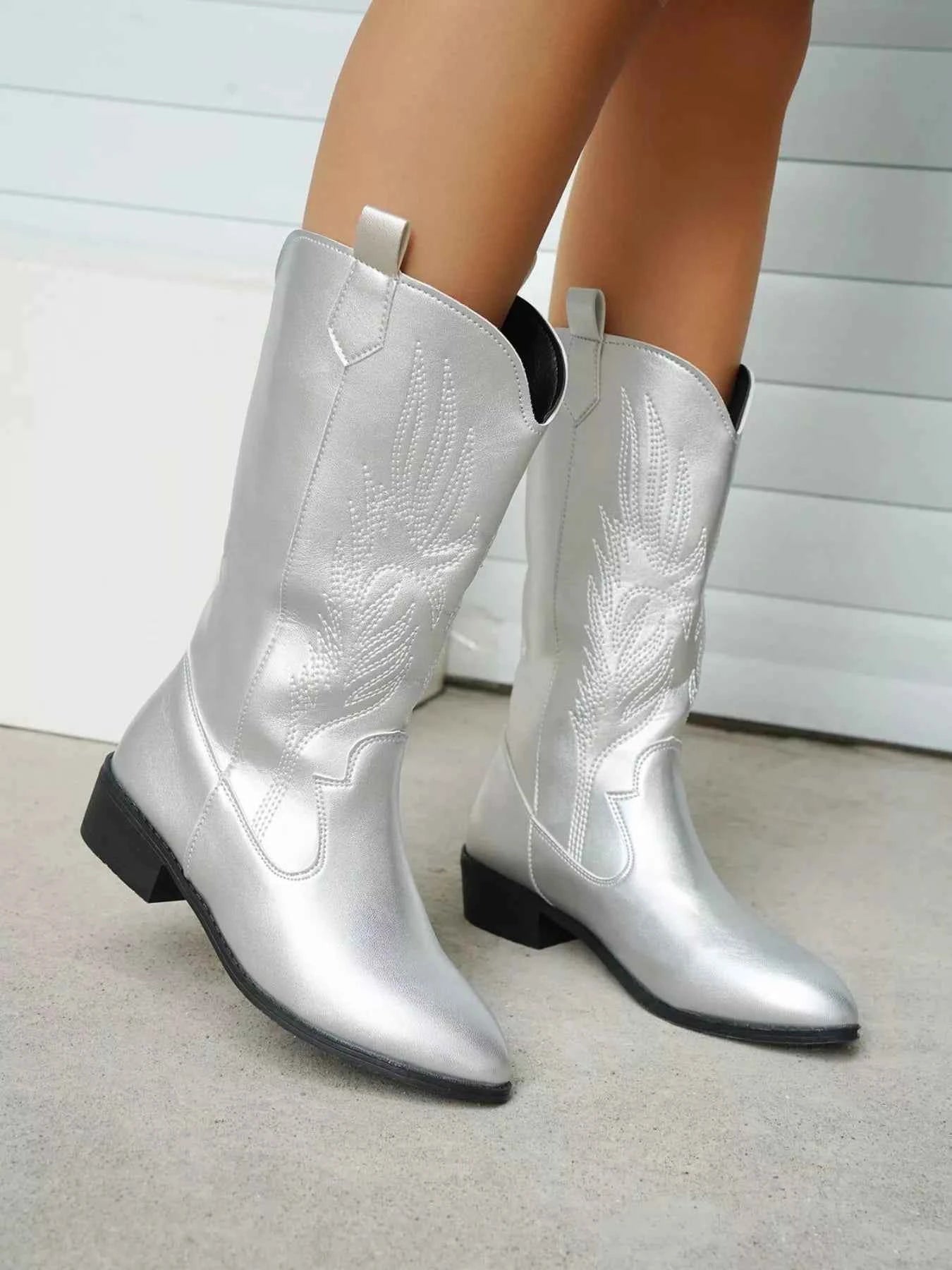 Embroidered Block Heels Boots Trendsi