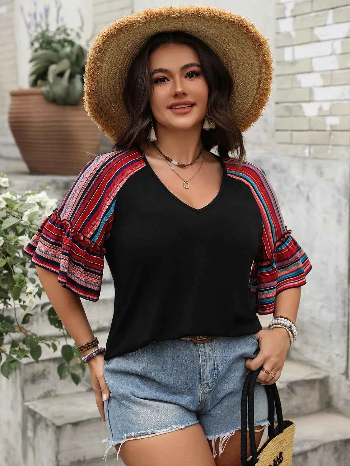 Plus Size V-Neck Flounce Sleeve Top Trendsi