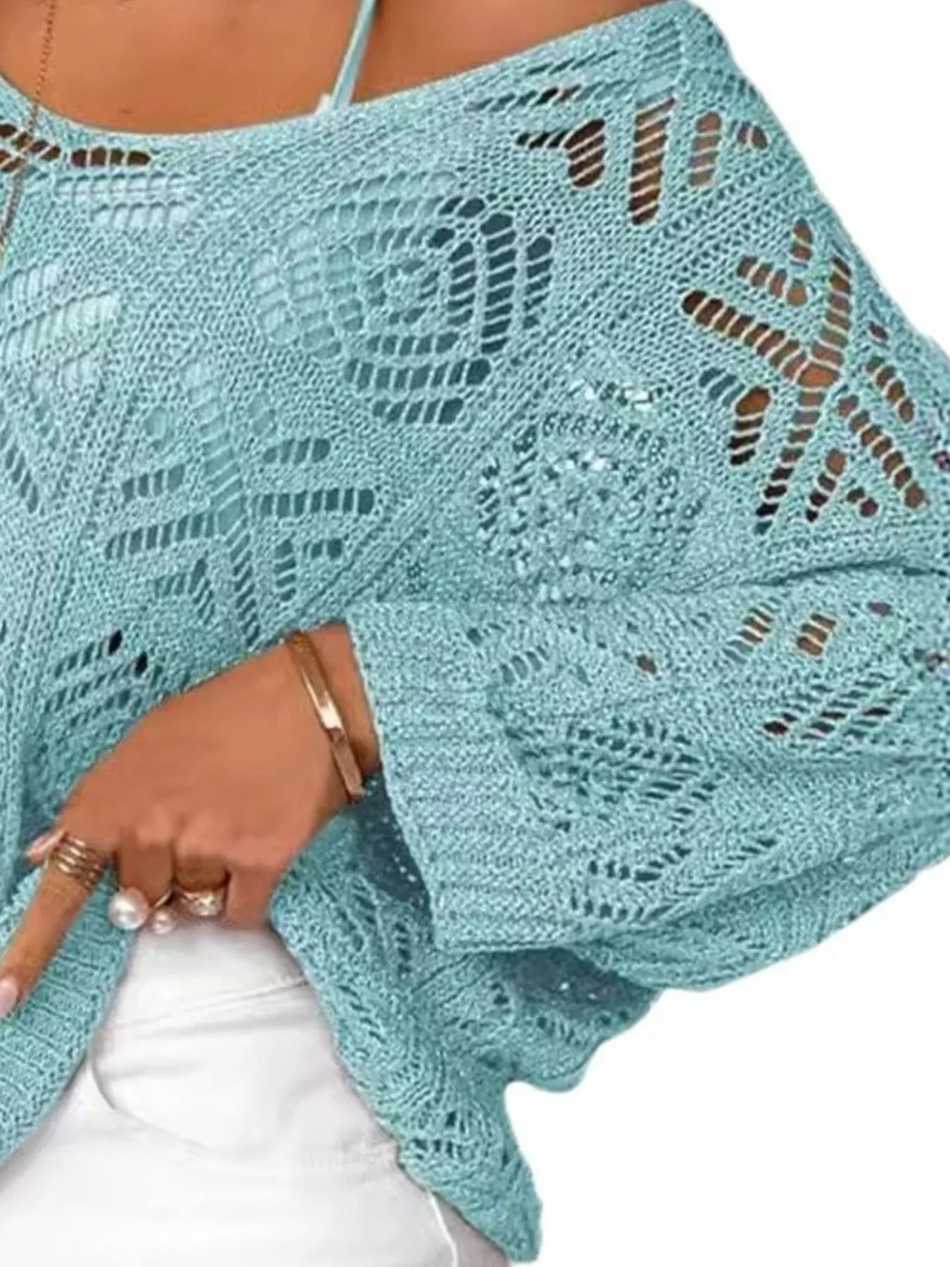 Openwork 3/4 Sleeve Knit Cover Up Trendsi