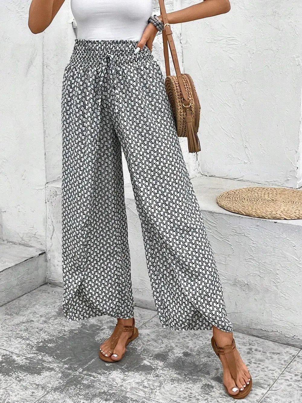 Tied Printed Wide Leg Pants Trendsi