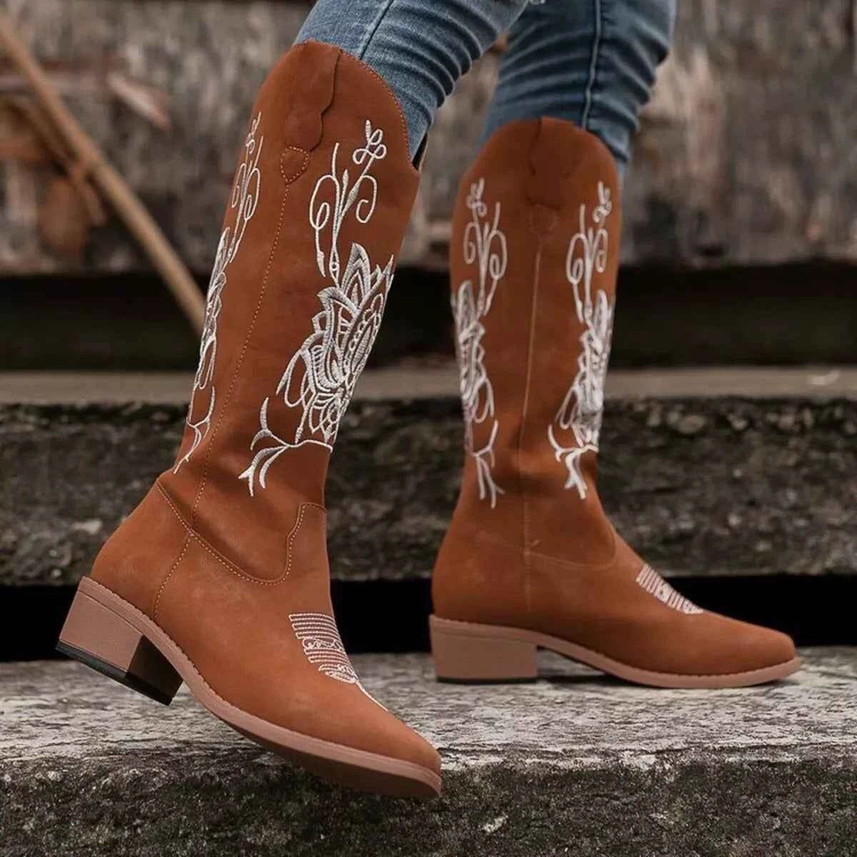 Embroidered Block Heels Boots Trendsi