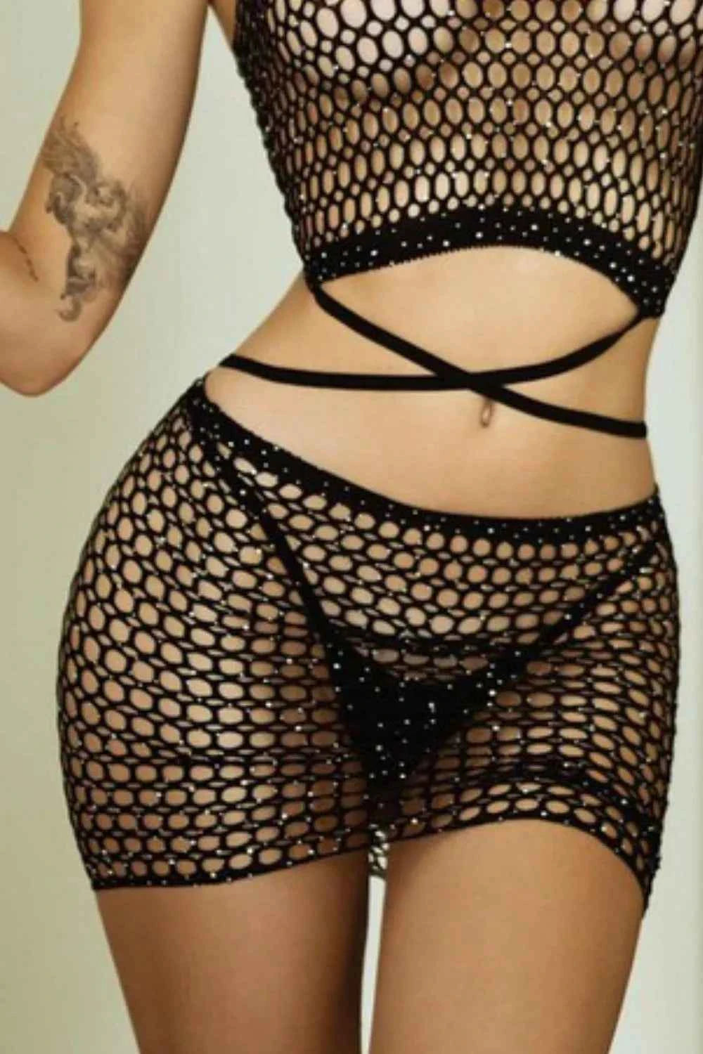 Yelete Rhinestone Fishing Net Crisscross Two-Piece Lingerie Set Trendsi