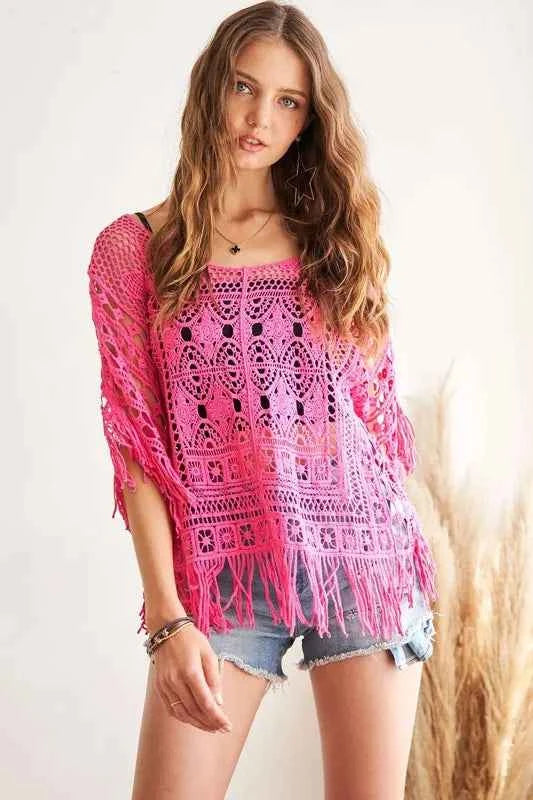 ADORA Fringe Hem Crochet Top - Bohemian Style Crochet Top with Trendy Fringe Hem HOT PINK One Size Trendsi