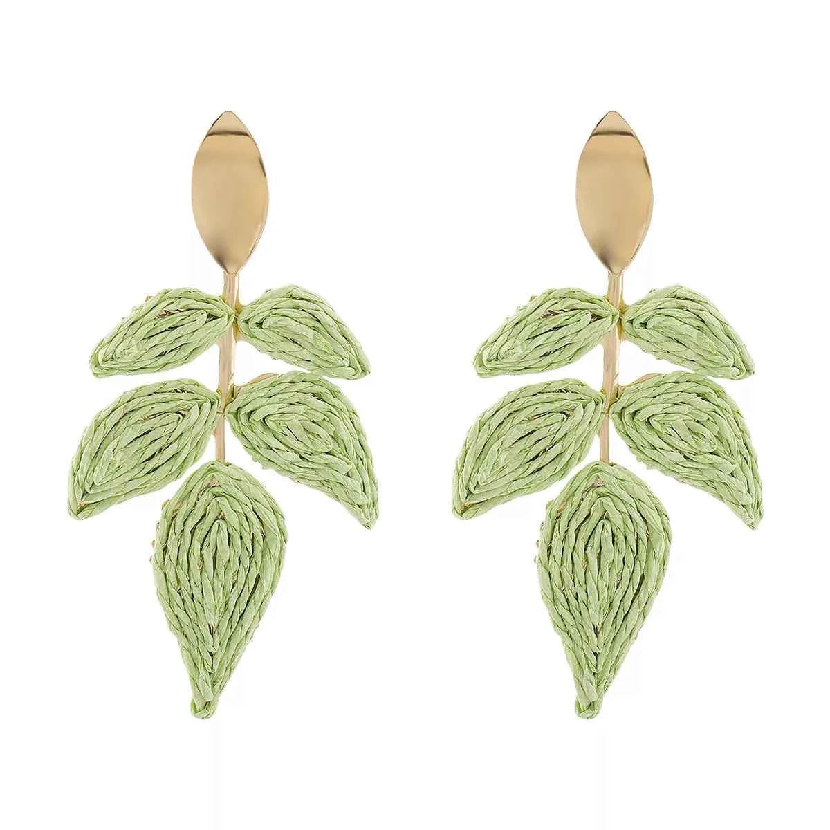 Rattan Woven Leaf Dangle Earrings Green onesize Trendsi