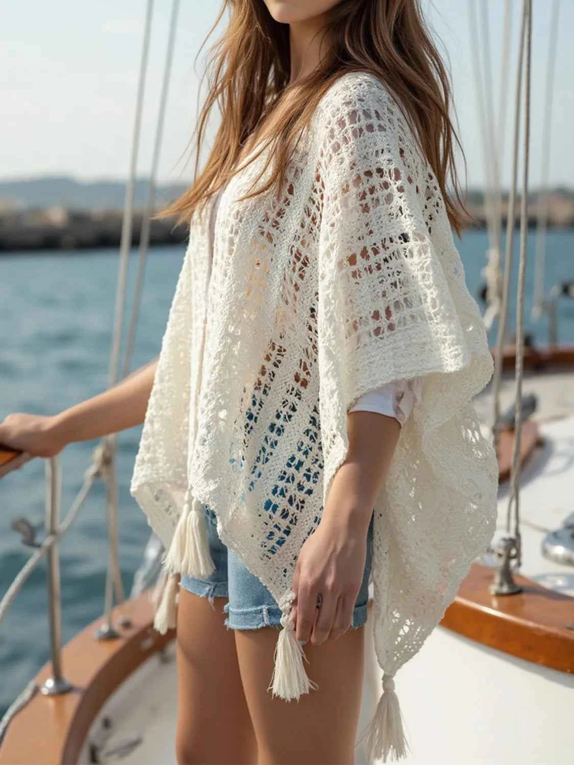 Openwork Tassel Open Front Knit Cover Up Trendsi