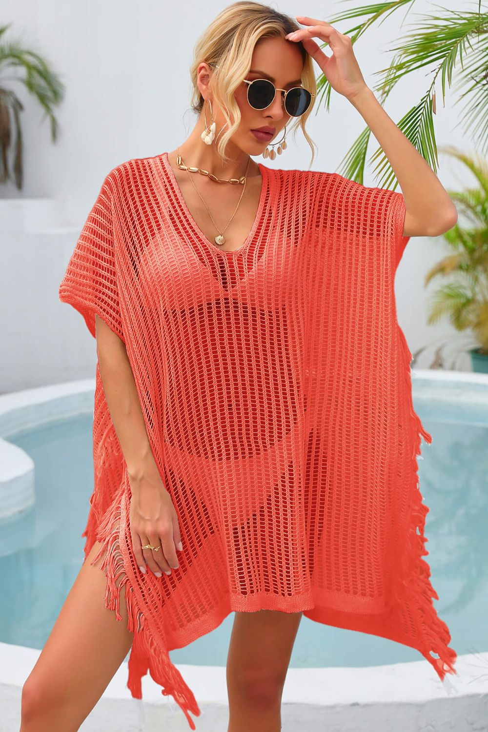 Angel Wings Fringe Trim Openwork Cover Up Orange One Size Trendsi