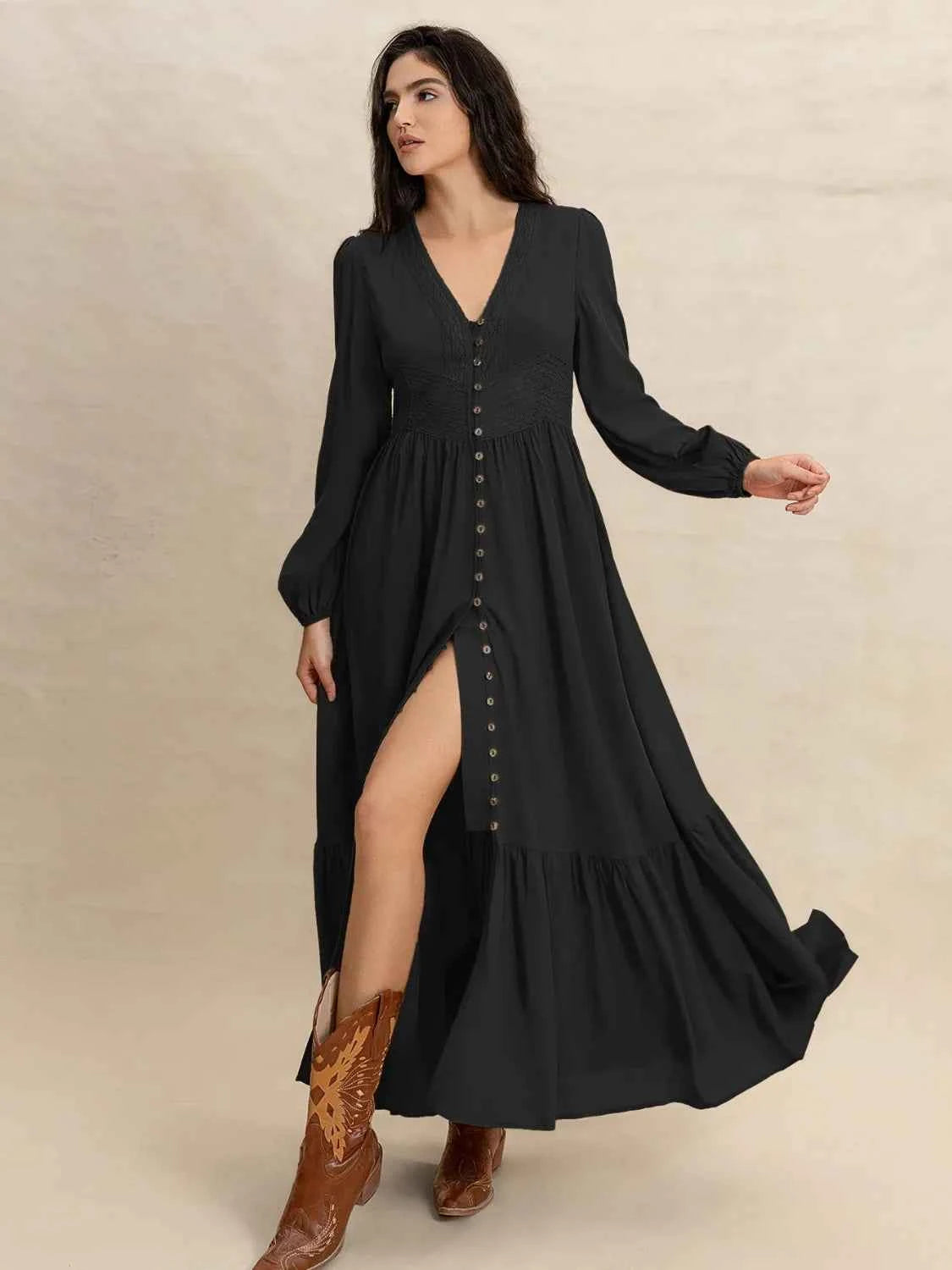 Boho V-Neck Long Sleeve Dress Black Trendsi