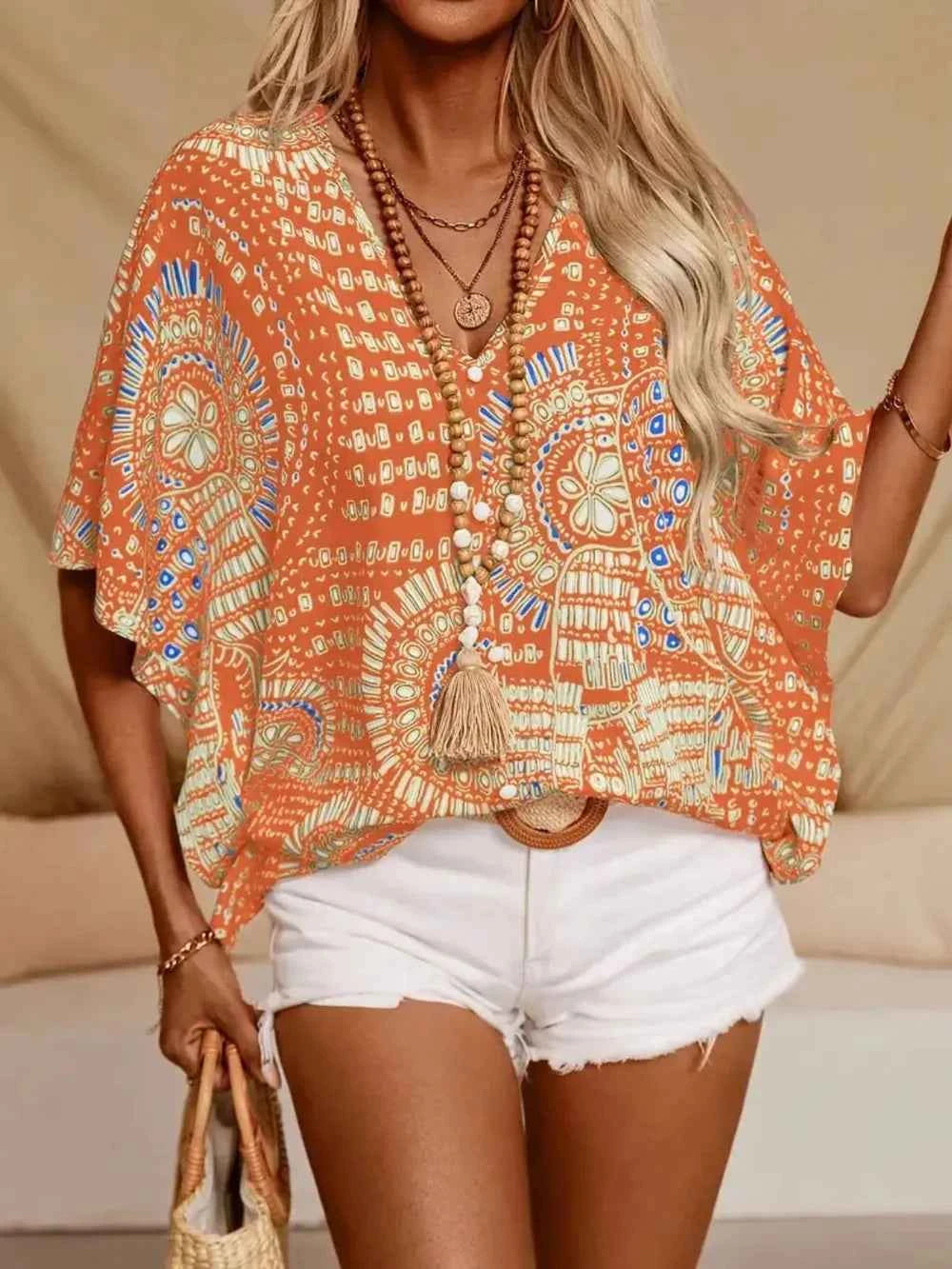 Printed V-Neck Half Sleeve Top Sherbet Trendsi