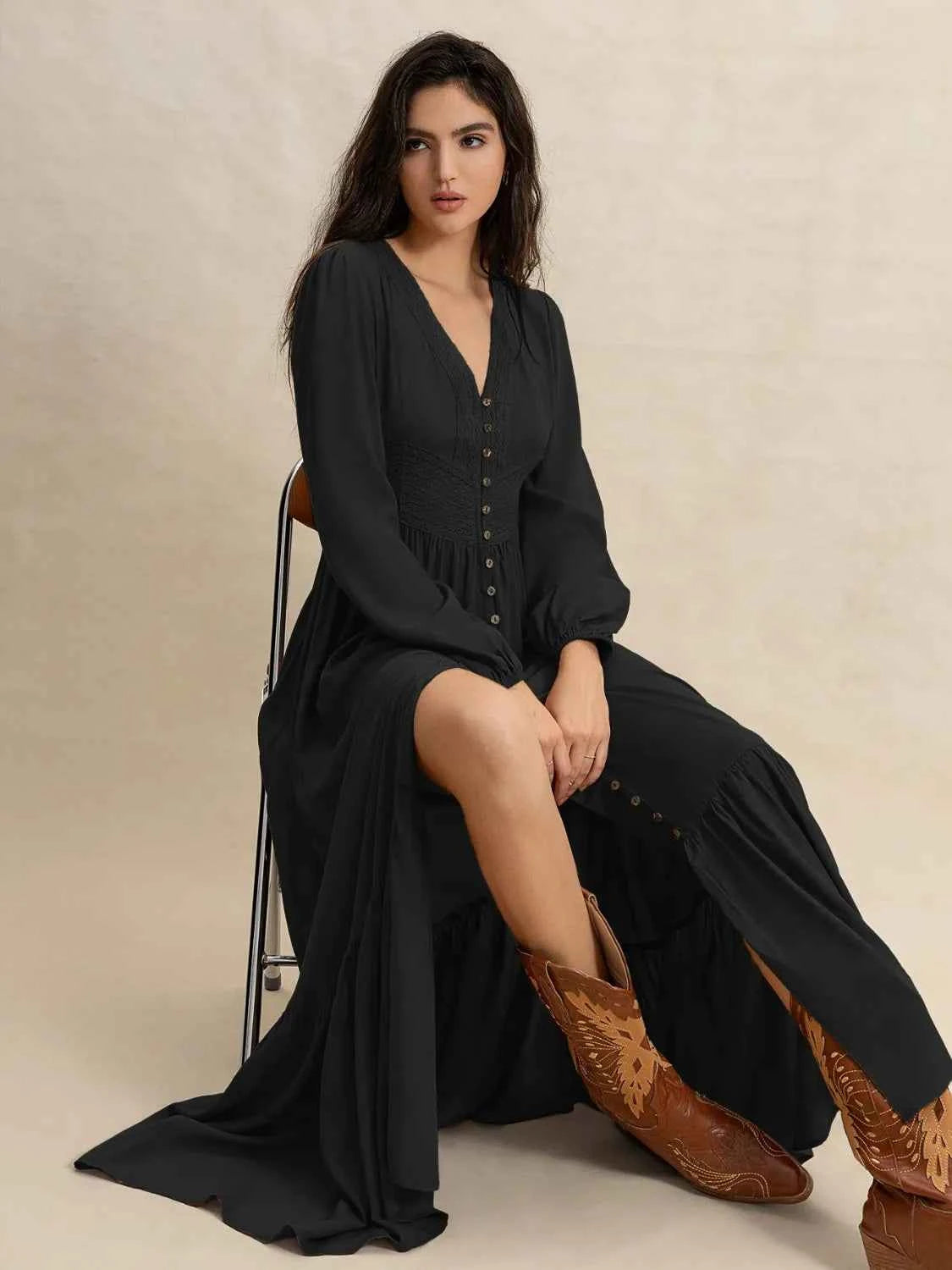 Boho V-Neck Long Sleeve Dress Trendsi