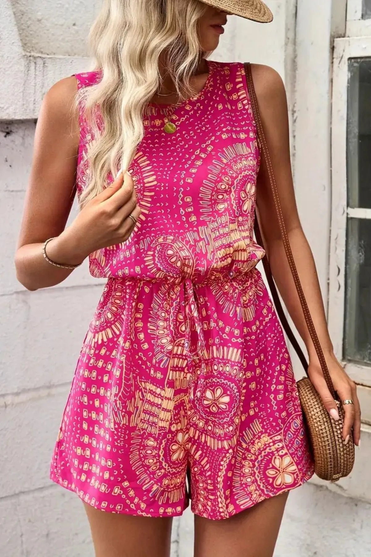 Boho Floral Print Sleeveless Summer Romper Hot Pink Trendsi