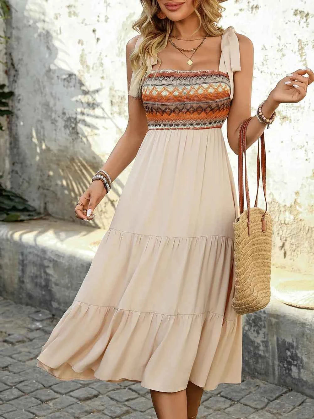 Tie Shoulder Square Neck Tiered Midi Dress Trendsi