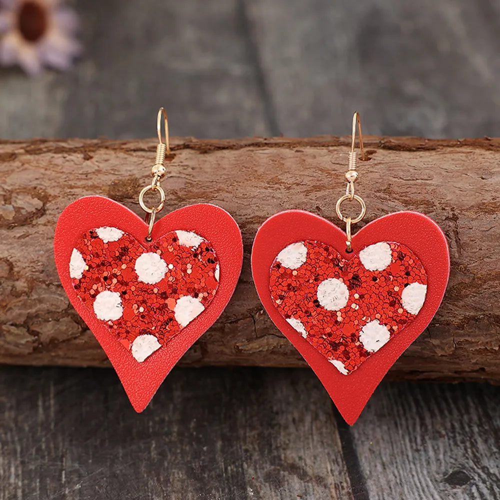 Sequin Heart Leather Drop Earrings Red One Size Trendsi