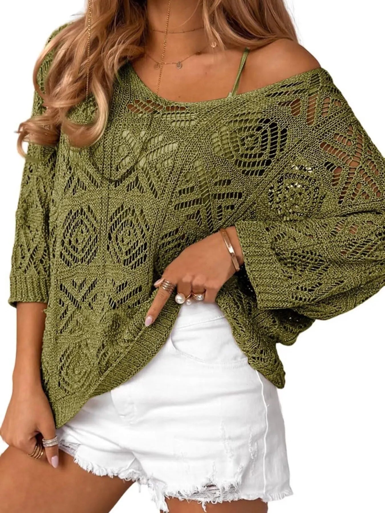 Openwork 3/4 Sleeve Knit Cover Up Olive Green Trendsi