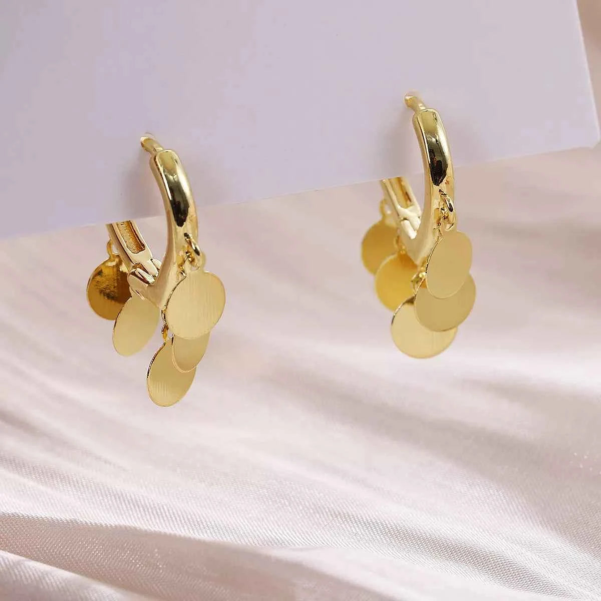 18K Gold-Plated Drop Hoop Earrings with Dangling Disc Charms Trendsi