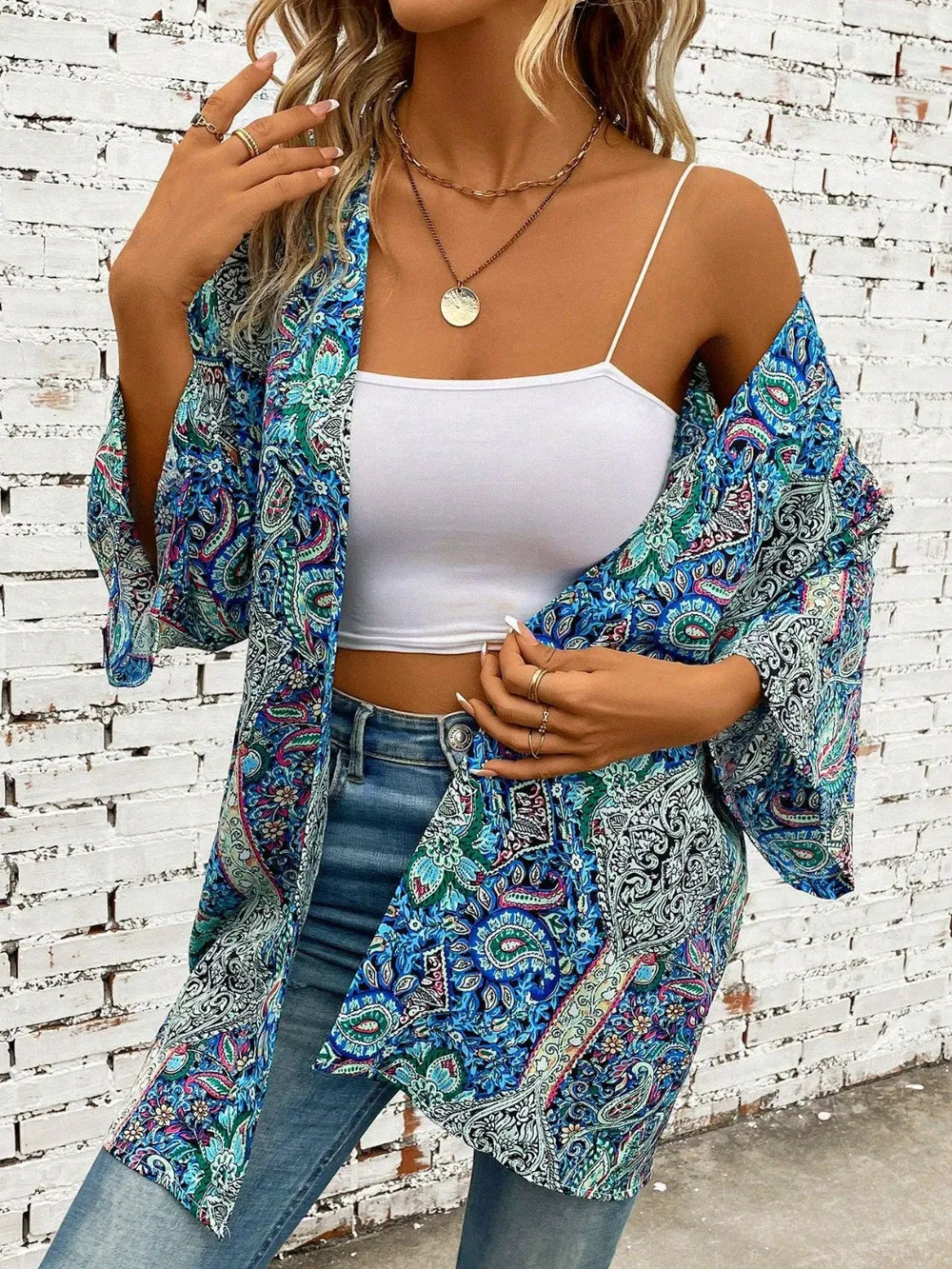 Printed Open Front Three-Quarter Sleeve Cover Up Trendsi