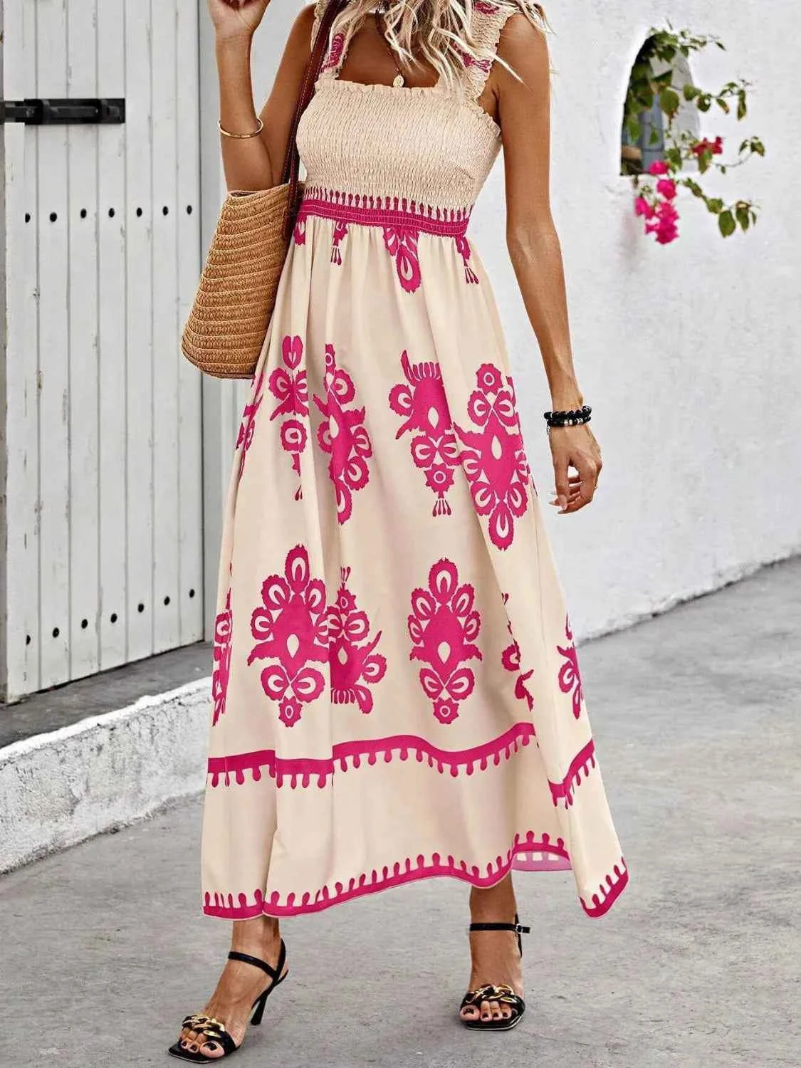 Smocked Printed Wide Strap Maxi Dress Pink Trendsi
