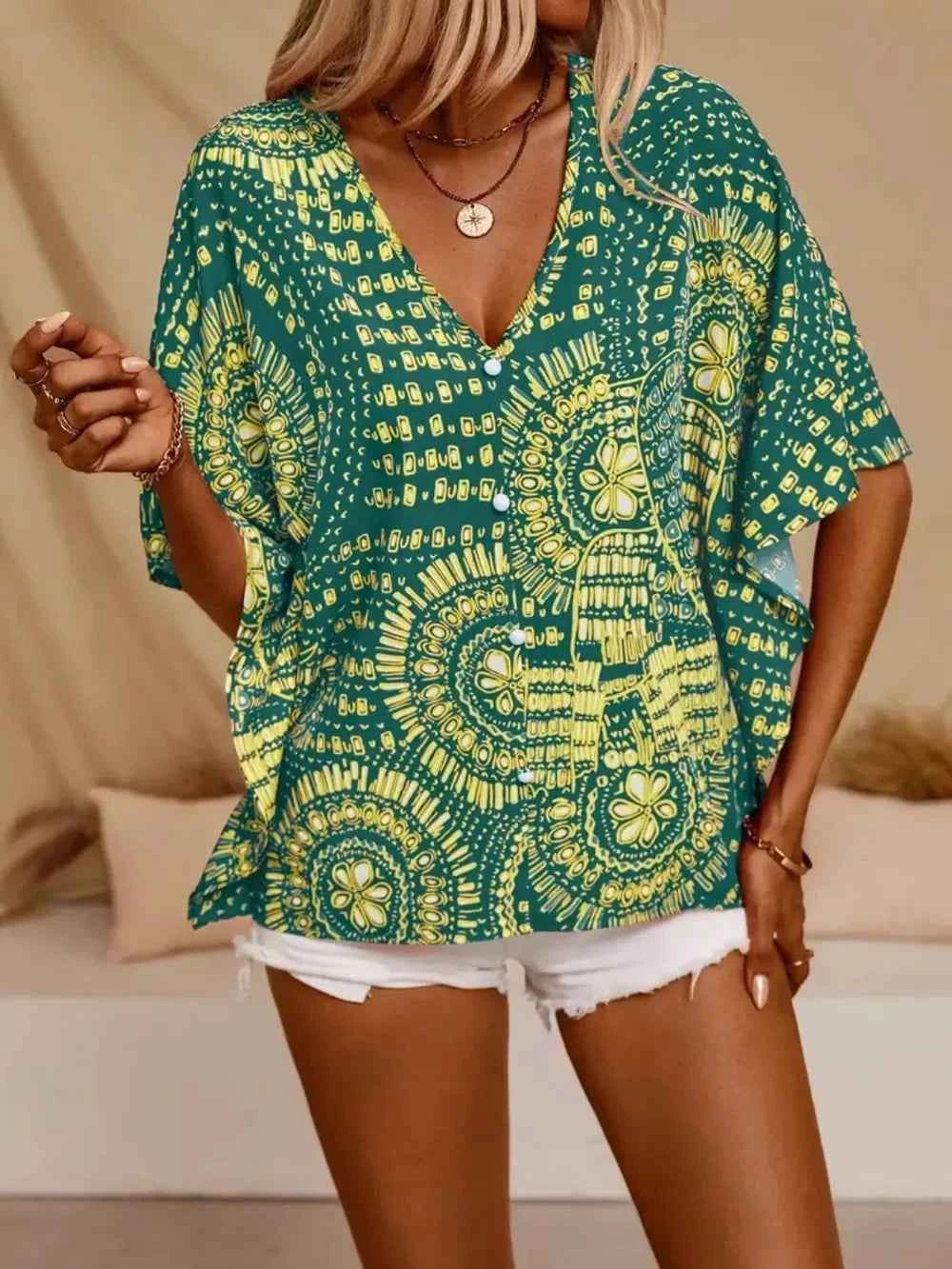 Printed V-Neck Half Sleeve Top Trendsi