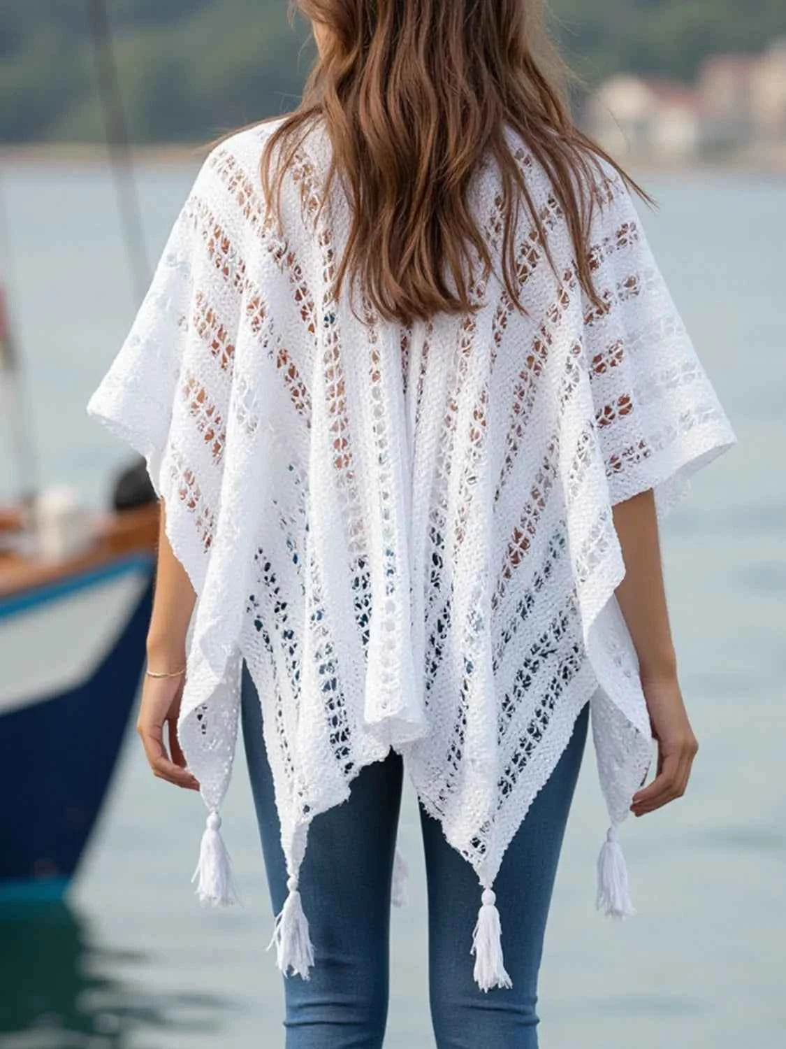 Openwork Tassel Open Front Knit Cover Up Trendsi