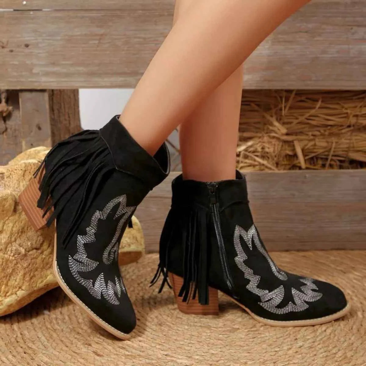 Fringe Point Toe Block Heels Boots Trendsi