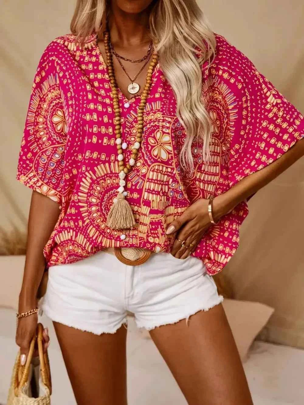 Printed V-Neck Half Sleeve Top Trendsi