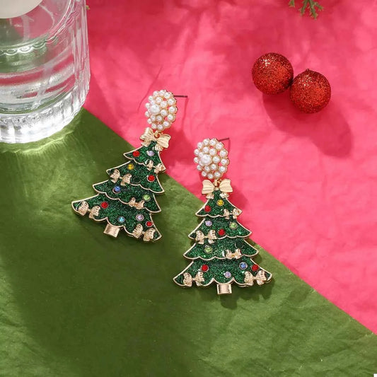 Christmas Tree Bow Earrings Dark Green onesize Trendsi
