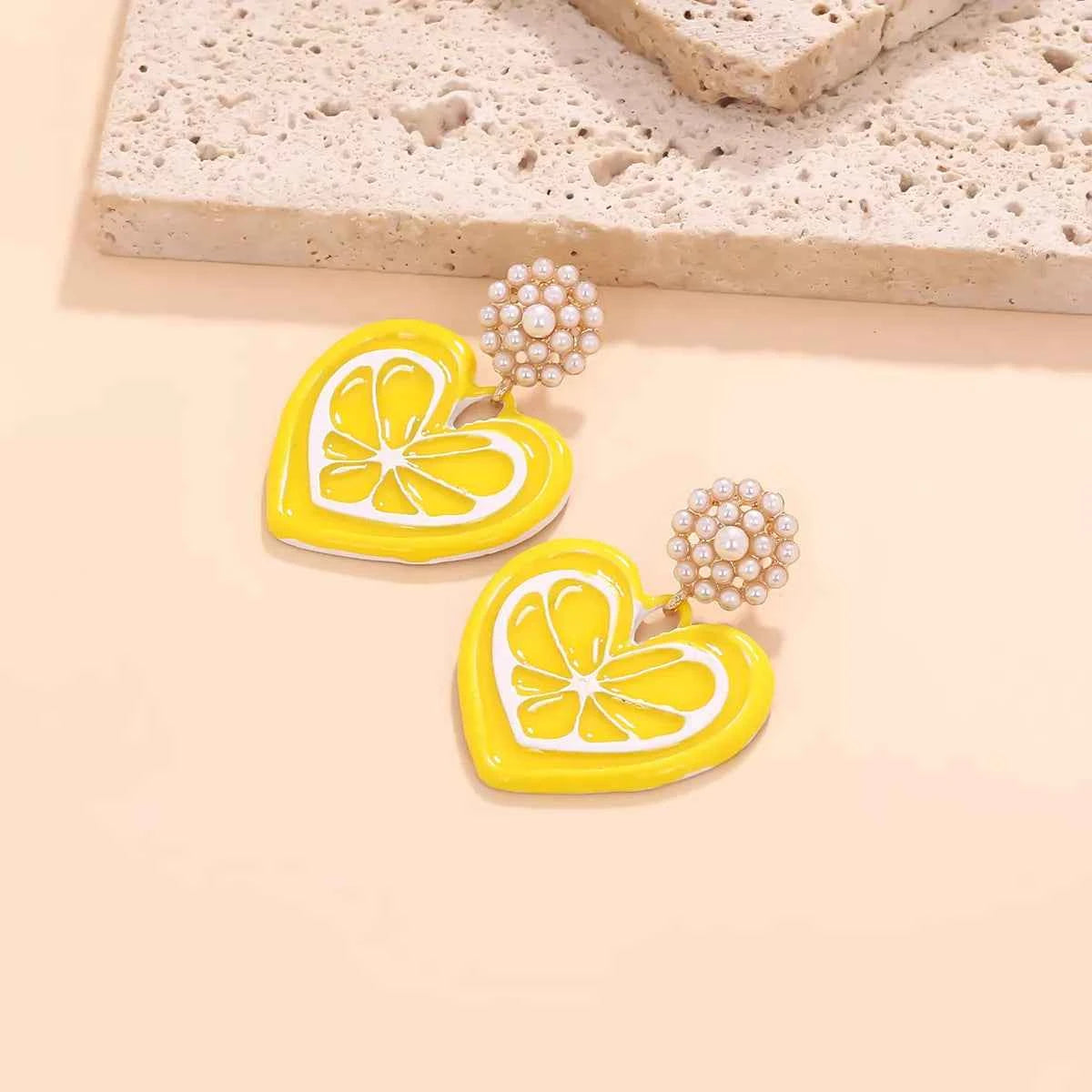 Heart Dangle Earrings with Pearl Accent Yellow onesize Trendsi