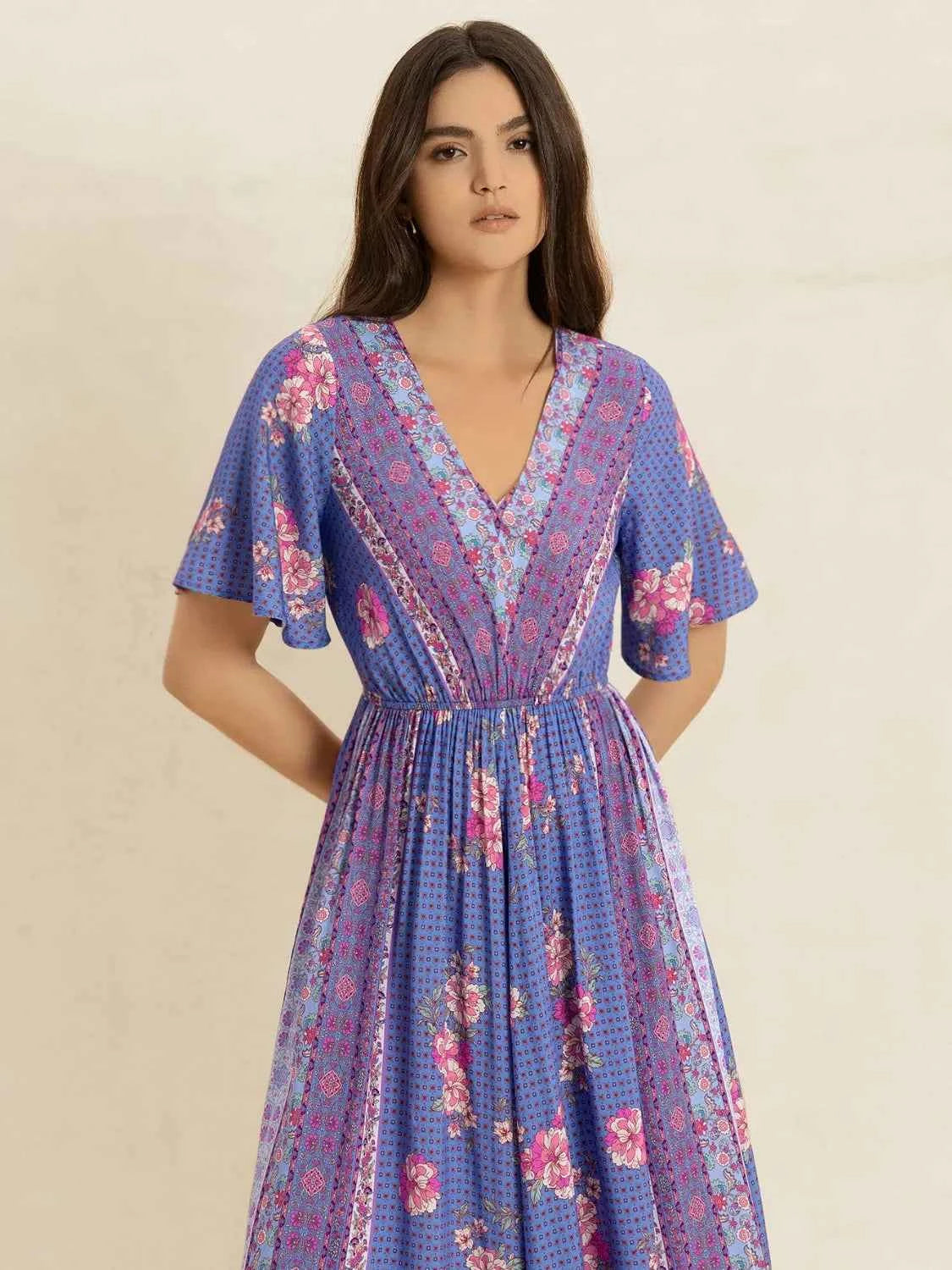 Printed Short Sleeve Midi Dress Trendsi