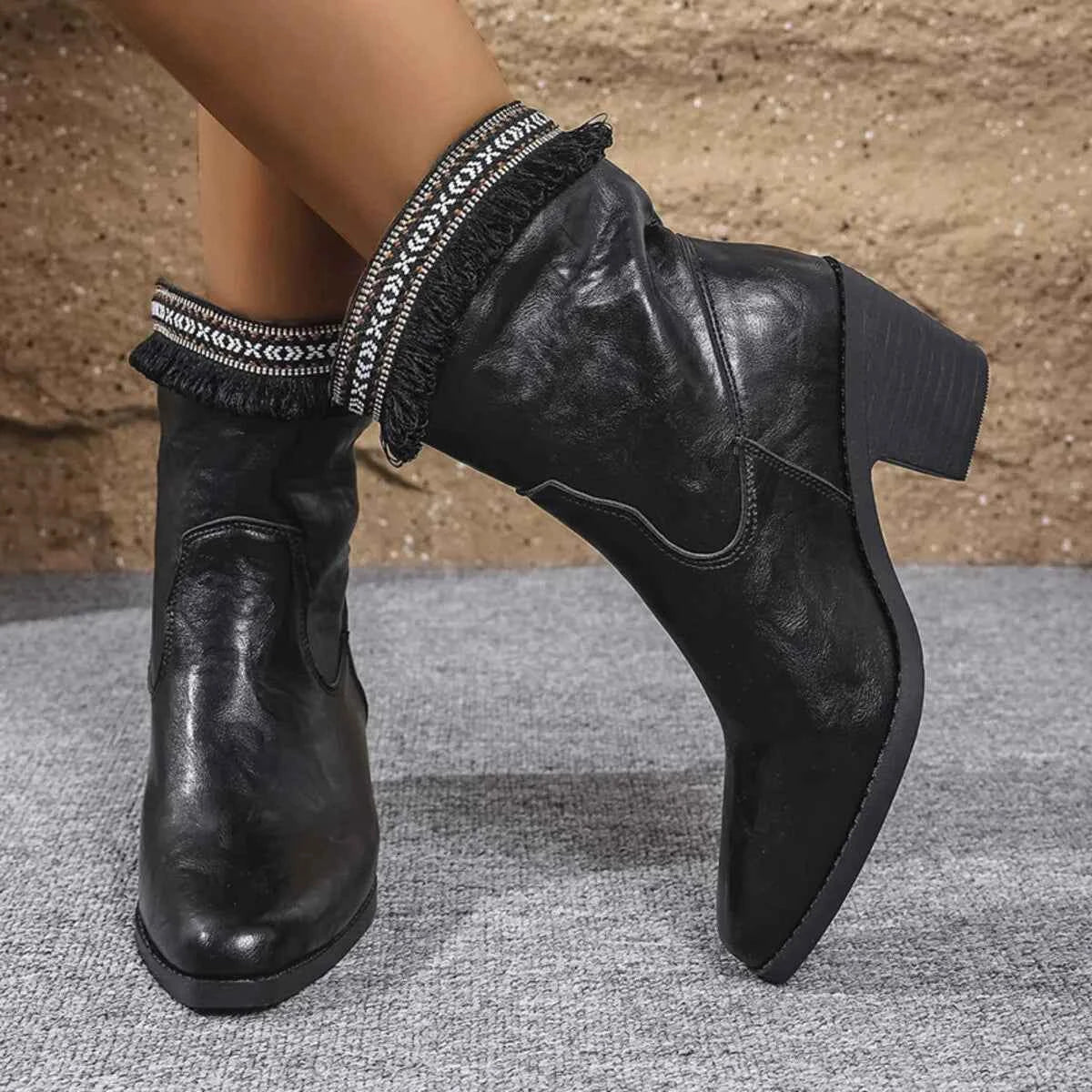 Western Embroidered Trim Boots with Block Heel Black Trendsi