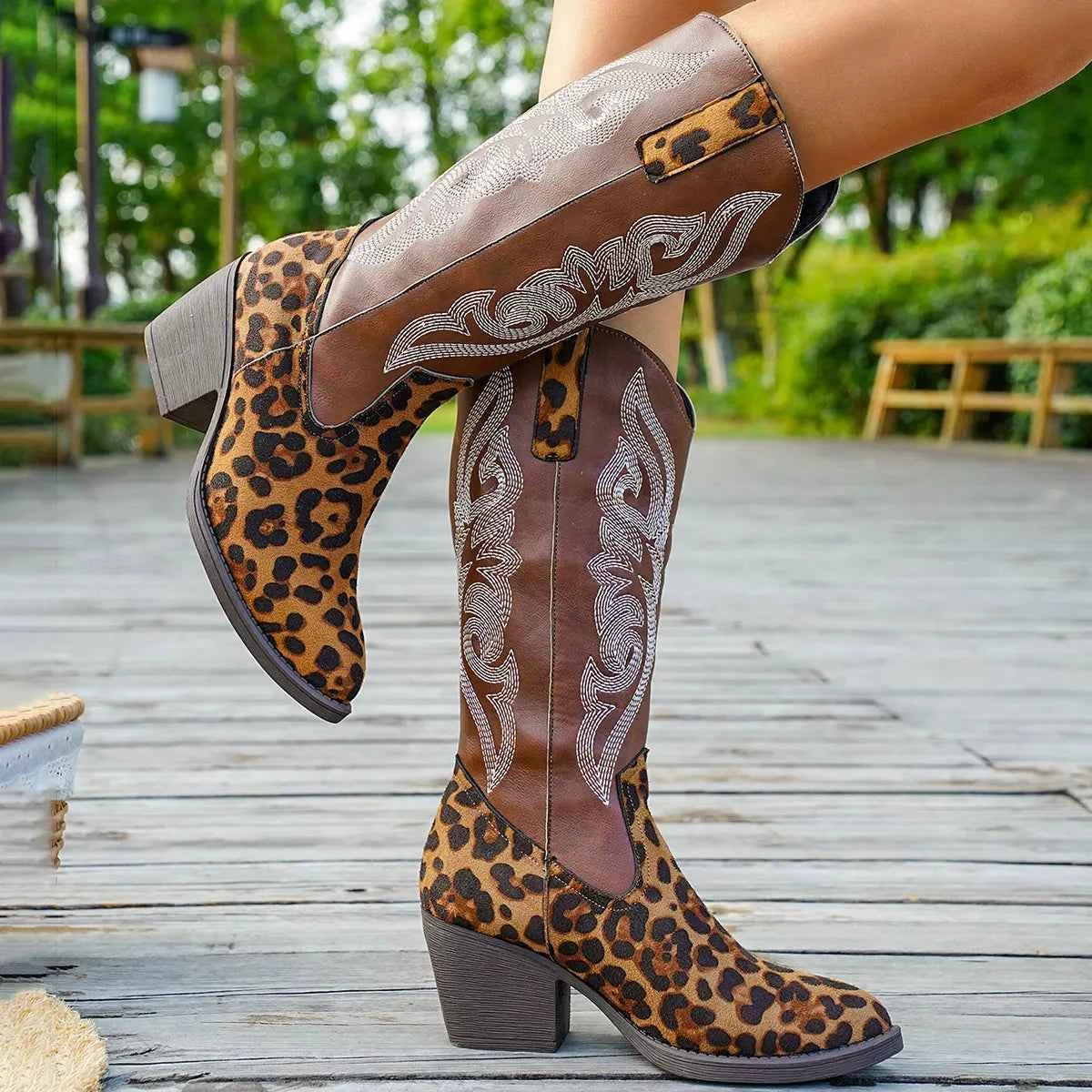 Western Embroidered Mid-Calf Boots Trendsi