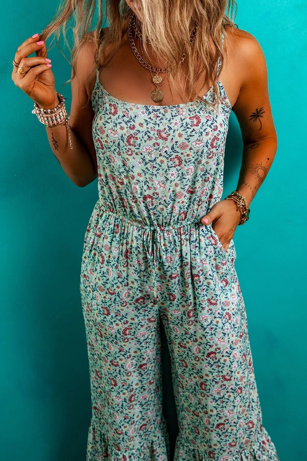 Bohemian Floral Ruffle Bottom Spaghetti Strap Jumpsuit Trendsi