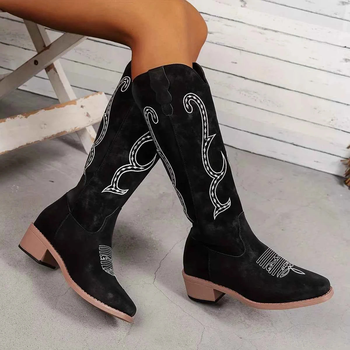 Embroidered Round Toe Block Heels Boots Trendsi