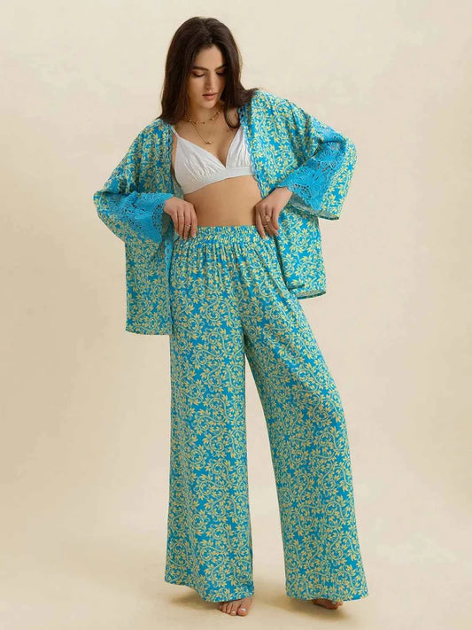 Open Front Printed Top and Pants Set Teal Trendsi