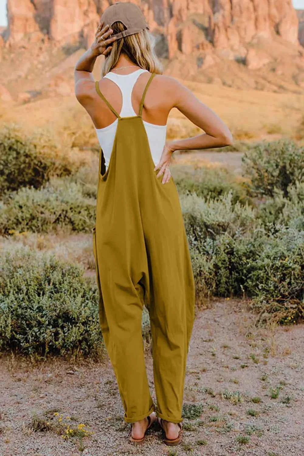 Double Take Full Size V-Neck Sleeveless Jumpsuit with Pockets Trendsi