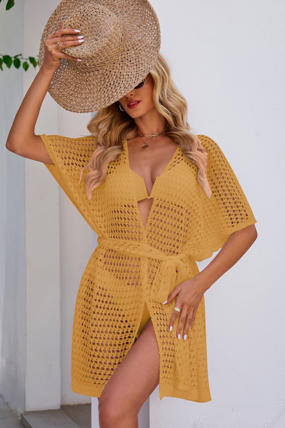 Openwork Tie Waist Cover Up Honey Trendsi