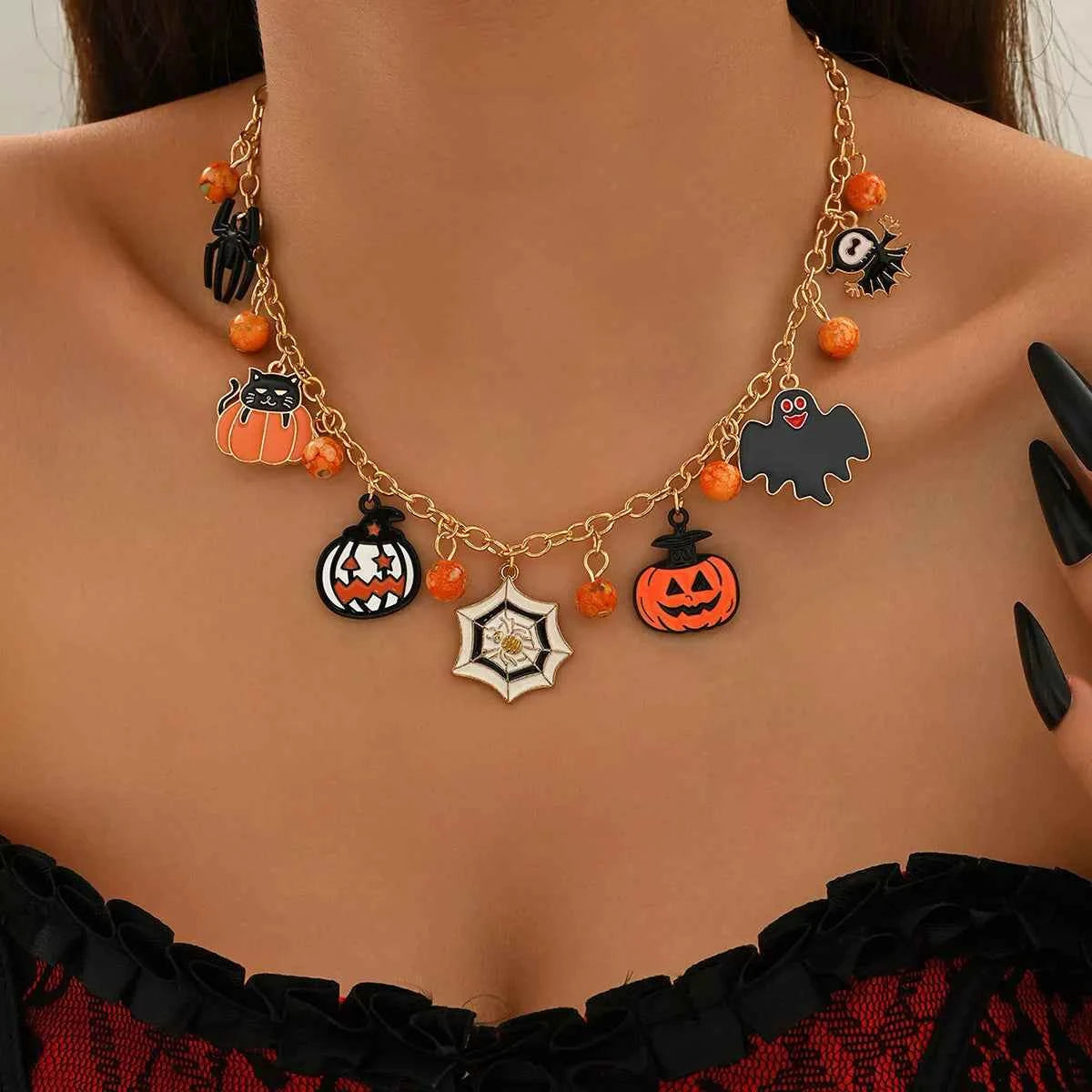 18K Gold-Plated Halloween Charm Necklace - Spooky Elegant Jewelry Gold onesize Trendsi