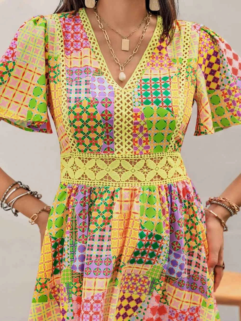 Crochet Trim Printed V-Neck Short Sleeve Mini Dress Trendsi