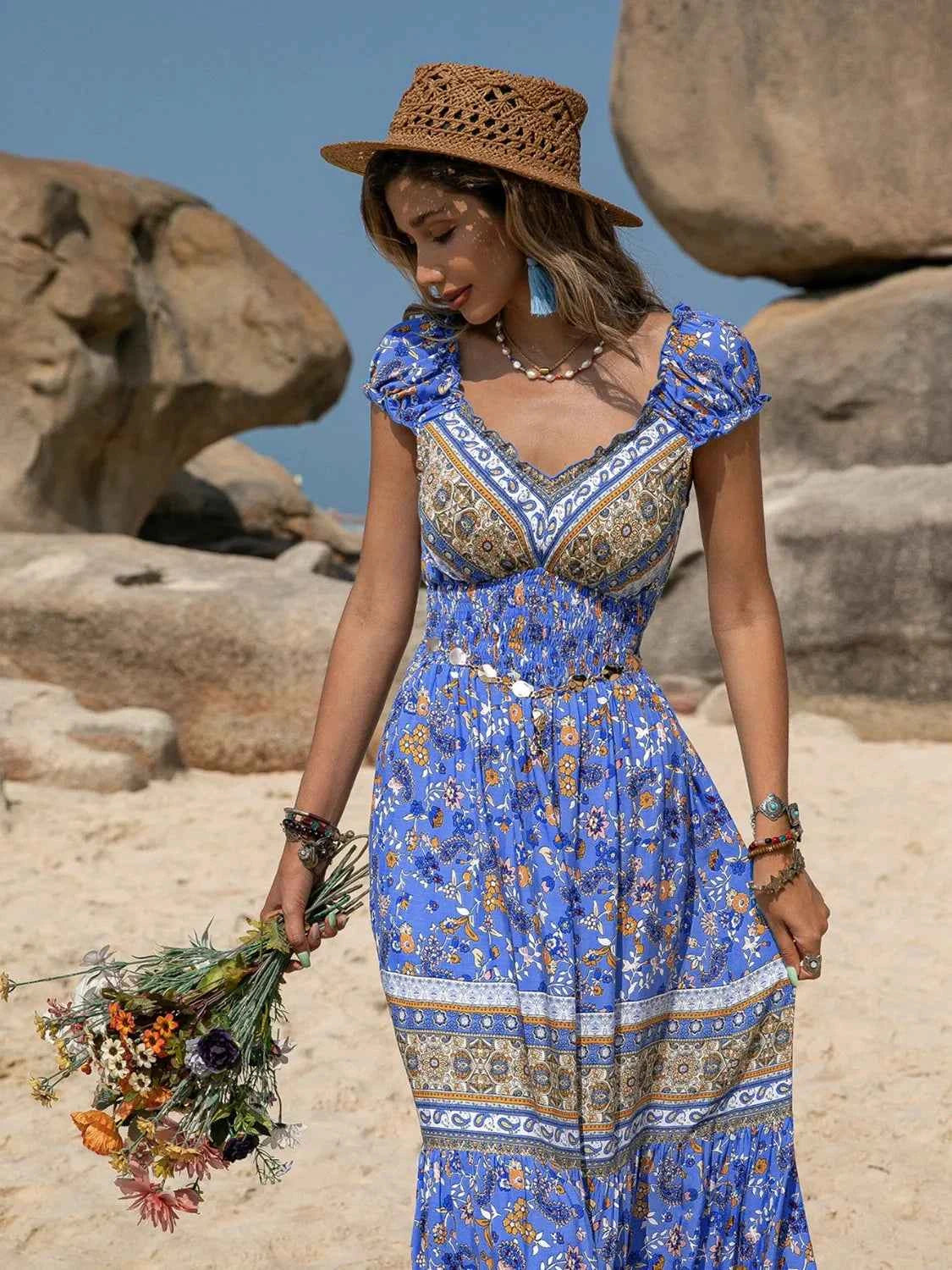 Printed V-Neck Cap Sleeve Midi Dress Trendsi