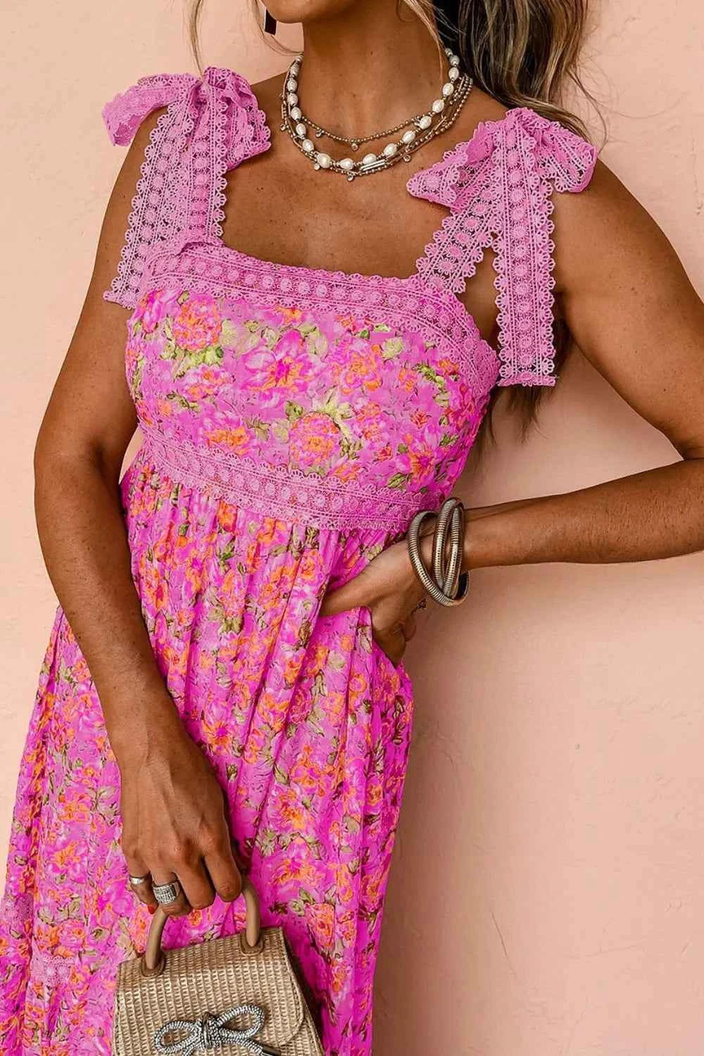 Floral Lace Wide Strap Square Neck Maxi Dress Trendsi