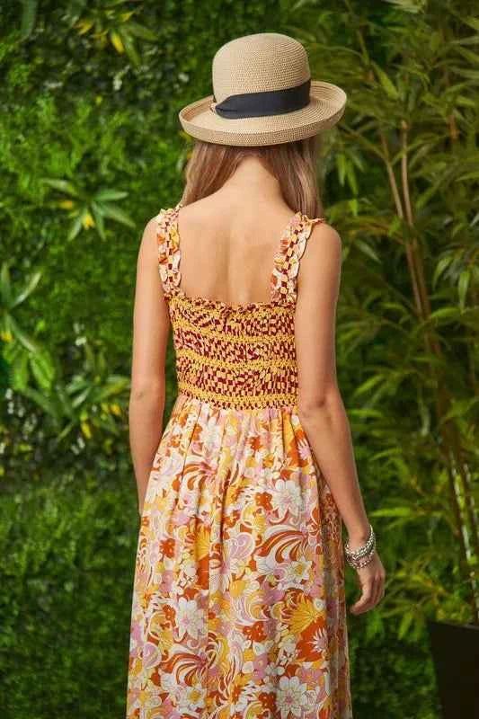 Davi & Dani Multi Smocked Bodice Geo Ruffle Strappy Midi Dress Trendsi