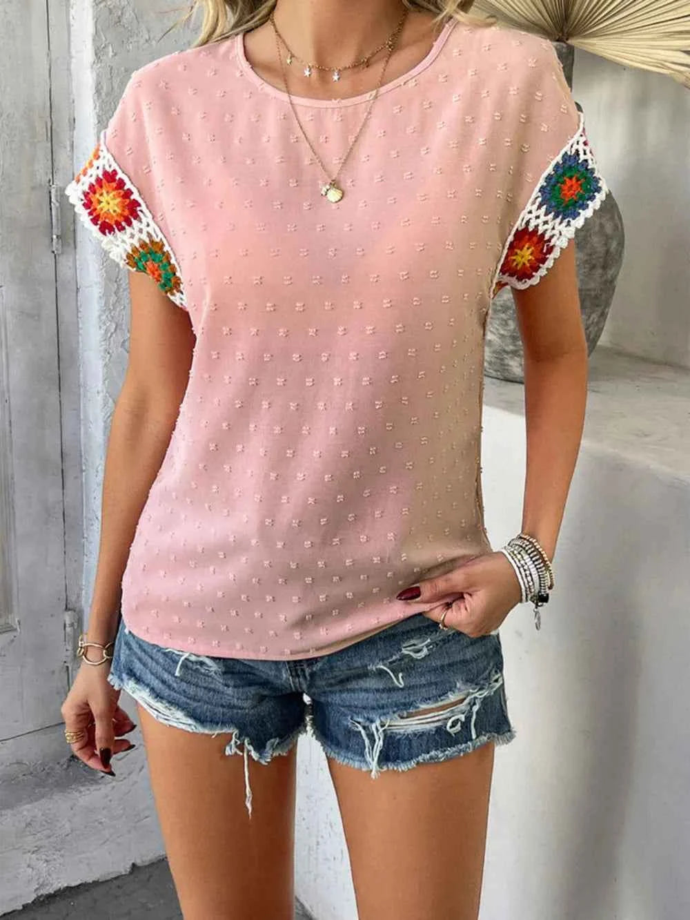 Devine Swiss Dot Round Neck Crochet Short Sleeve Top Trendsi