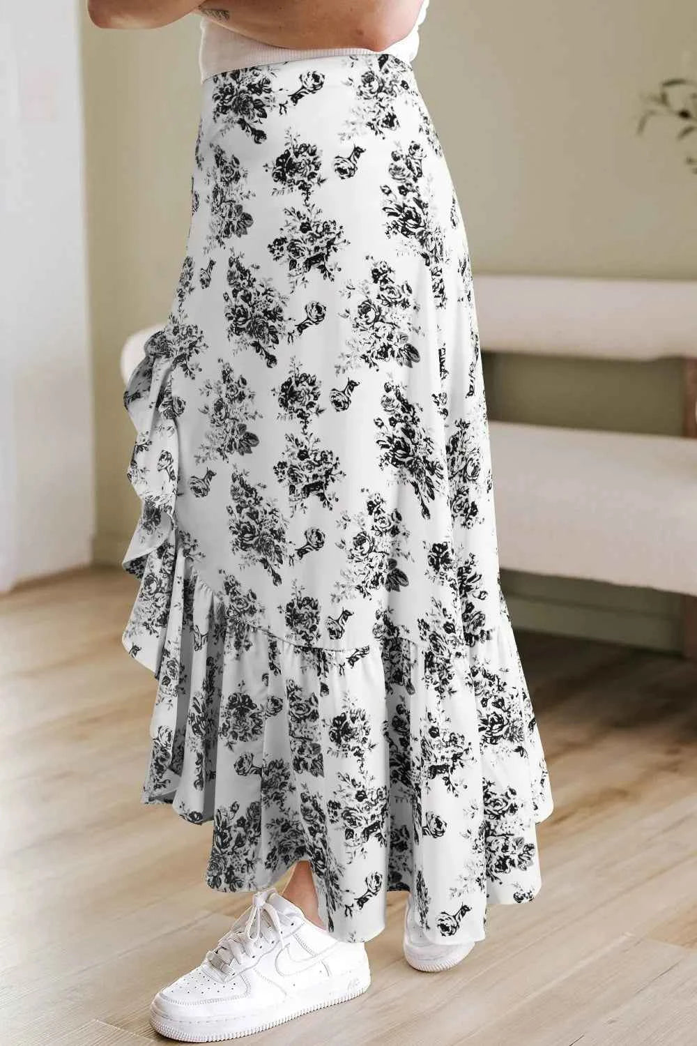 Boho Maxi Skirt with Floral Design and Ruffle Split Hem Trendsi
