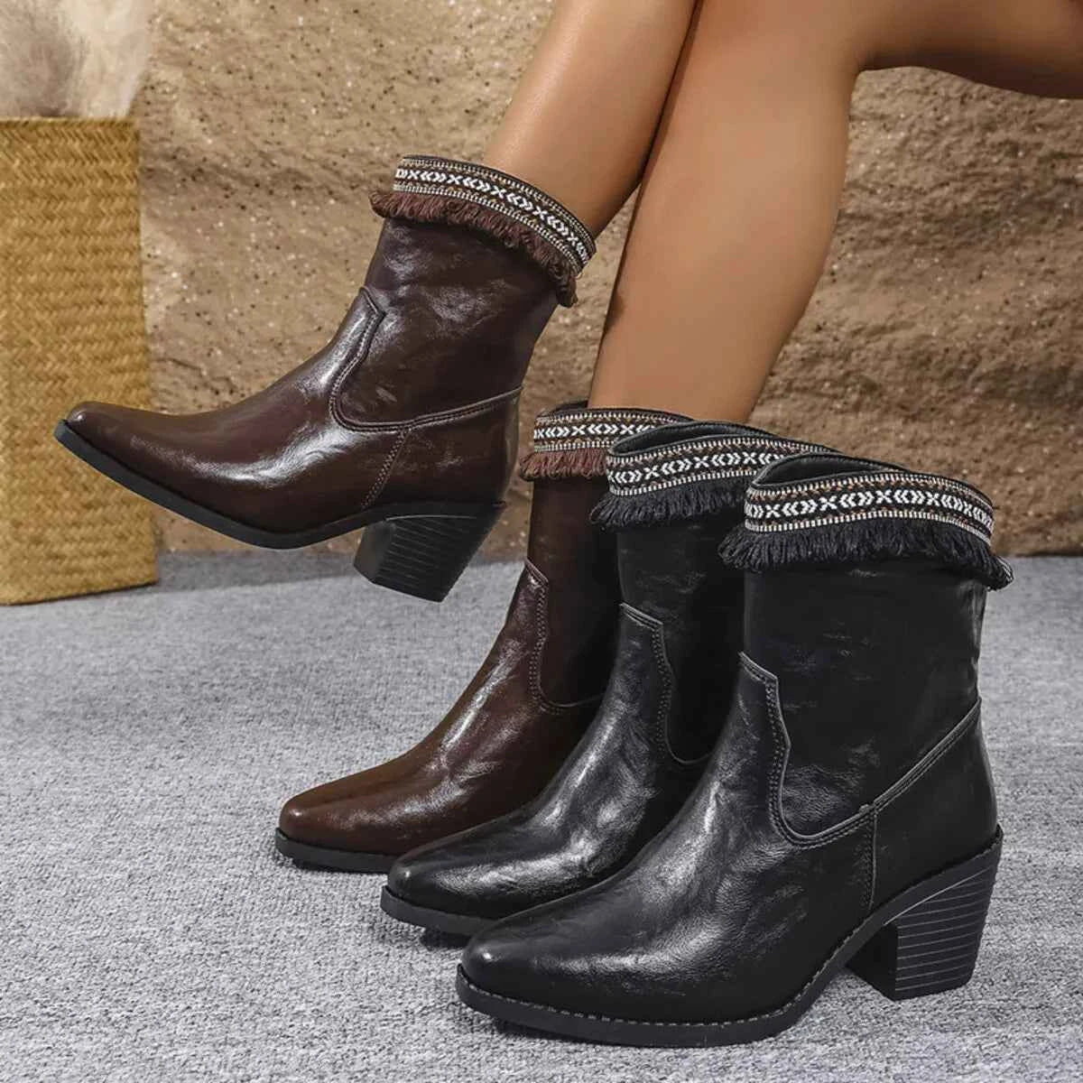 Western Embroidered Trim Boots with Block Heel Trendsi