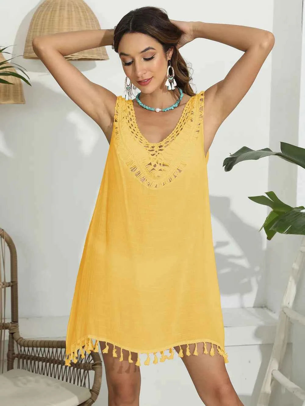 Tassel Scoop Neck Wide Strap Cover-Up Gold One Size Trendsi