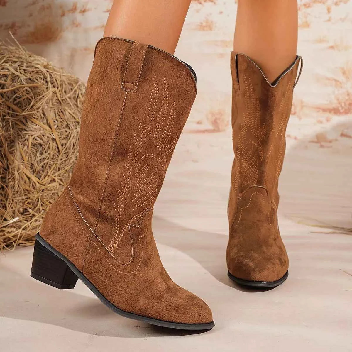 Point Toe Block Heels Boots Dark Brown Trendsi