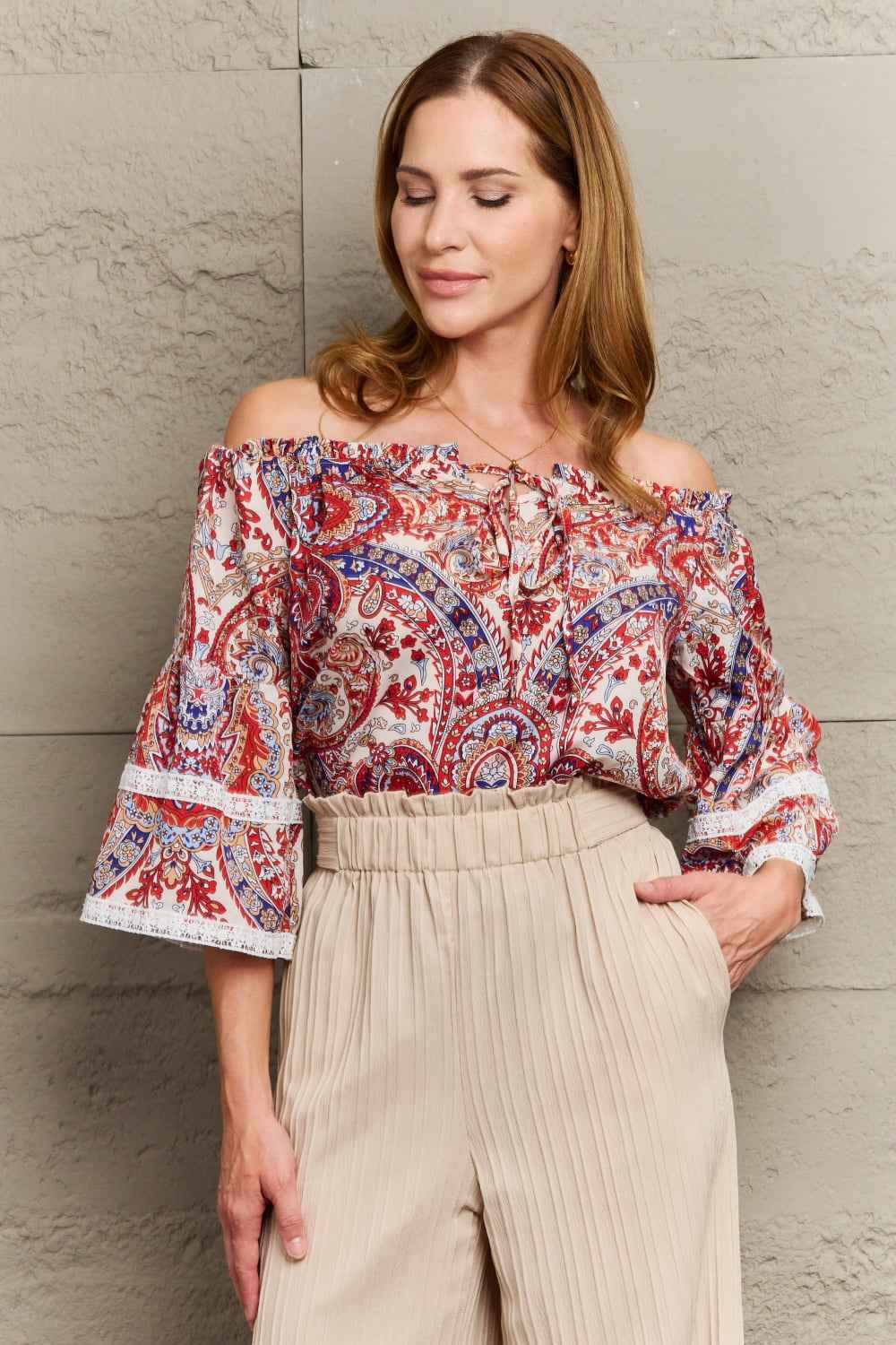 Perfee Off-Shoulder Bohemian Blouse - Three-Quarter Sleeve Multicolor Trendsi