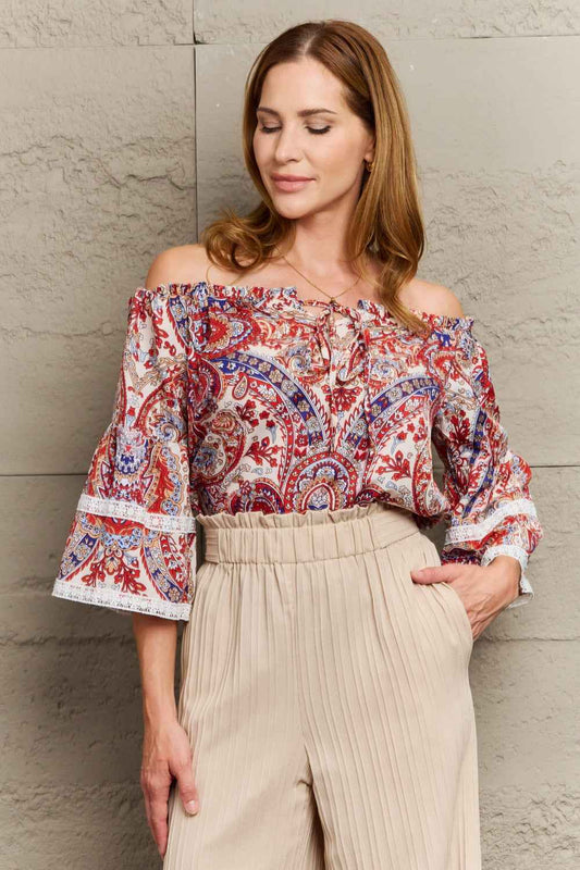 Perfee Off-Shoulder Bohemian Blouse - Three-Quarter Sleeve Multicolor Trendsi