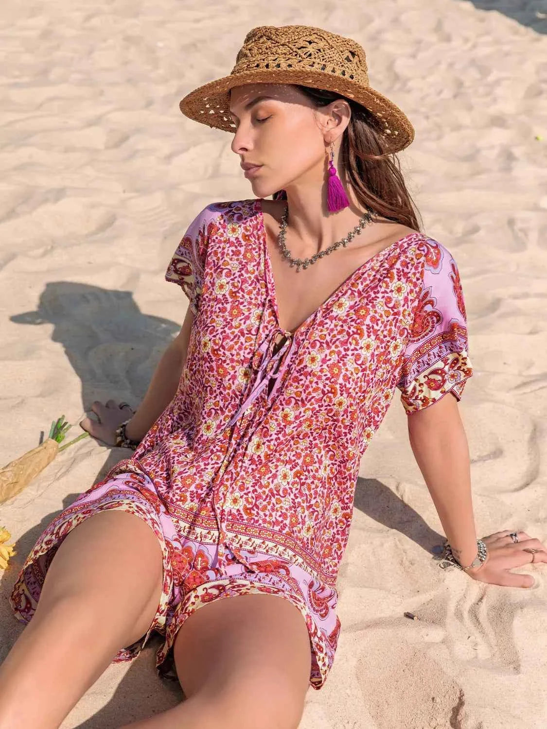 Printed V-Neck Short Sleeve Romper Trendsi
