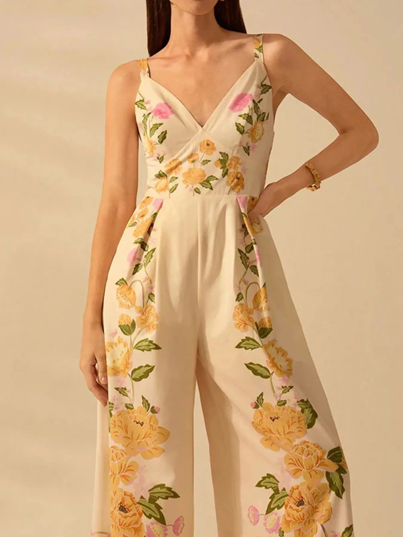Floral Print Wide-Leg V-Neck Cami Jumpsuit Sherbet Trendsi