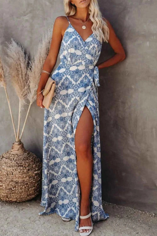 Printed Tied Maxi Cami Dress Sky Blue Trendsi